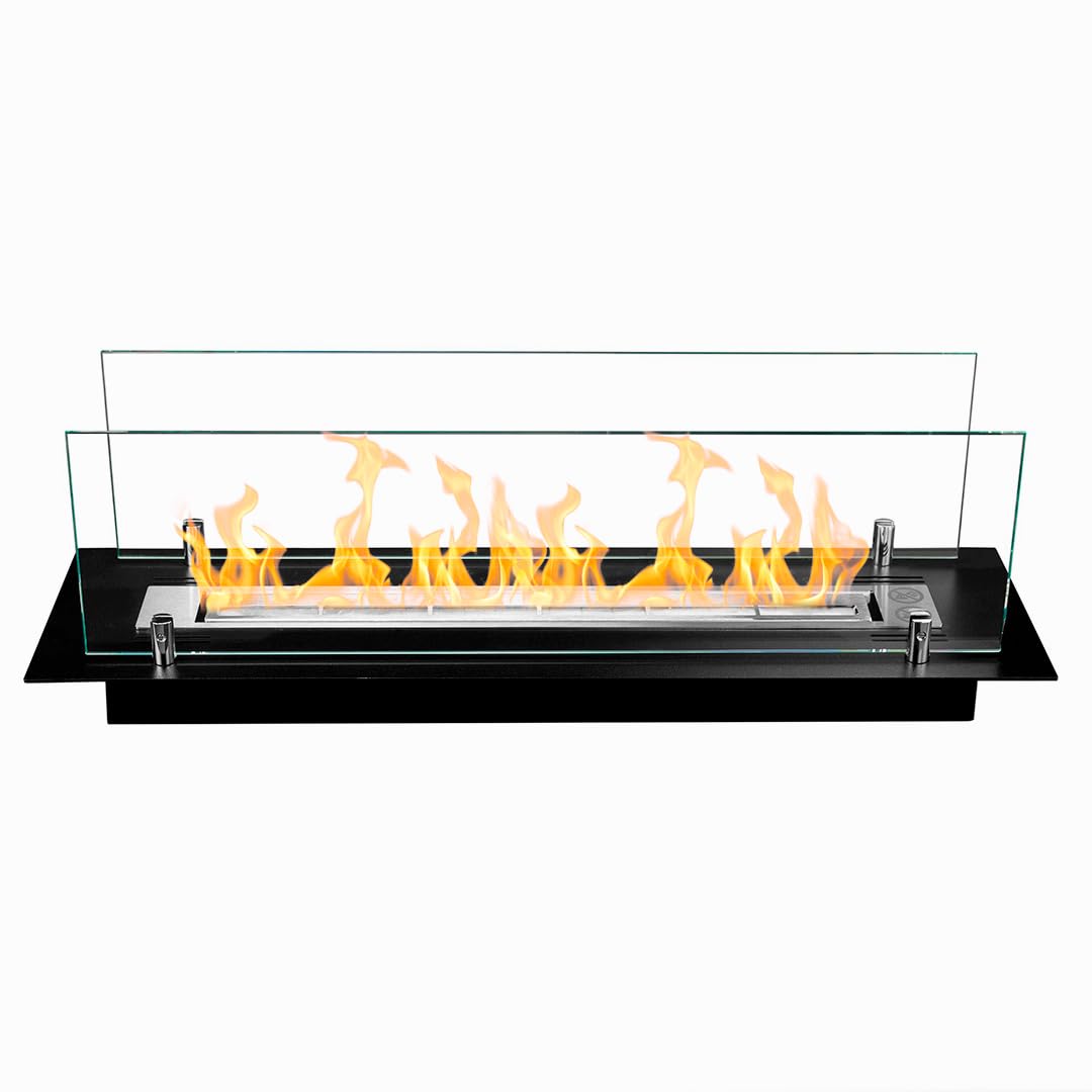 Brûleur de cheminée encastré acier 65cm insert verre salon