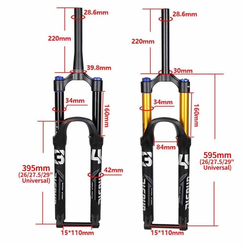 Fahrrad Federgabel 26/27.5/29 Zoll Mountainbikes Luftgabel Federweg 160mm 1-1/8" Gerade/konisches Vorderradgabel Steckachse 15x110mm Scheibenbremse Dämpfungseinstellung(Gold-Straight,26")