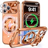 iPhone 17 Pro Max 用 ケース MagSafe対応 【回転歯車音CD模様リング付き+一体型CD模様カメラレンズ保護】 360度回転スタンド 縦横両対応 電気メッキバンパー OURJOY スマホケース アイフォン17 プロマックス クリア カバー 米軍規格 耐衝撃 マグネット搭載 ワイアレス充電対応 透明 薄型 おしゃれ・オレンジ