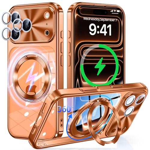 iPhone 17 Pro ケース MagSafe対応 回転歯車音CD模様リング付き+一体型CD模様カメラレンズ保護 360度回転スタンド 電気メッキバンパー OURJOY スマホケース アイフォン17 プロ クリア カバー 米軍規格 耐衝撃 マグネット搭載 ワイアレス充電対応 透明 薄型 おしゃれ