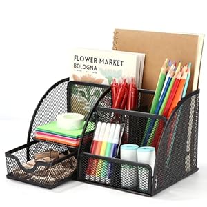 Rangement Organisateur Bureau, Desk Organiseur en Maille Materiel avec Tiroir et porte-stylo, 6 Compartiments de tri, Organiseurs et Distributeurs pour Stylos, Pinces à Dossiers, Notes Autocollantes