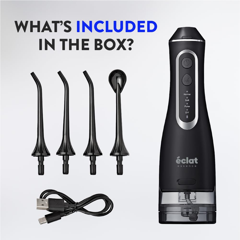 Éclat Irrigador dental eléctrico portátil impermeable para limpieza profunda de dientes, doble tanque de 320 ml, recargable por USB-C, carga de 30 días, 4 accesorios incluidos sin BPA (negro)