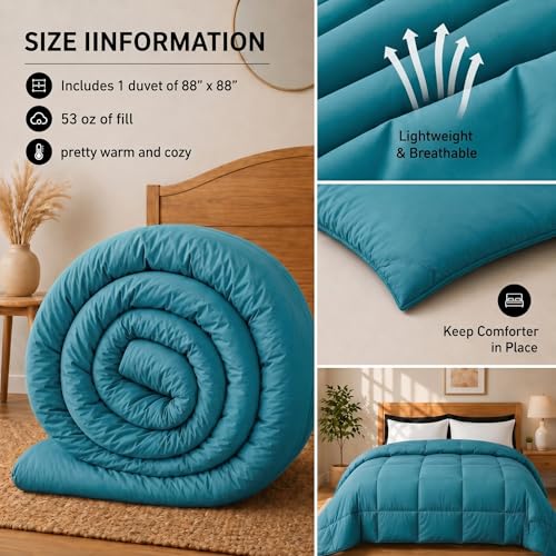 Image of Luxury Hotel Collection Cotton Comforter | All-Season Lightweight Quilt for Hot Sleepers | Plush, Breathable & Box-Stitched (King) Turquoise Blue
