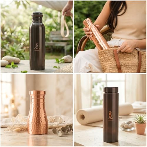 Image of Hammered Copper Water Bottle 950ml | 100% Pure Copper Tamba Jal | Handcrafted Ayurvedic Drinkware for Daily Hydration & Wellness | Leak-Proof Copper Bottle