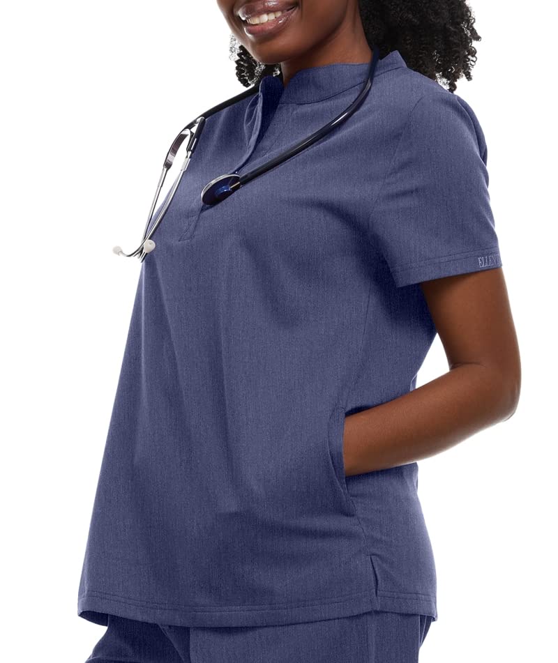 Minty Mint Women's Mandarin Collar Scrub Top Heather Navy M