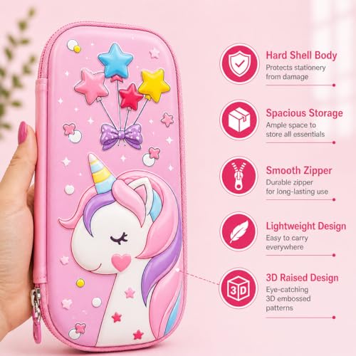 Image of Goyal's 3D Unicorn Geometry Pencil Pouch for Kids Girls & Boys | Hard Shell EVA Pencil Case | Large Capacity Double Layer Geometry Box with Pen Slots & Mesh Pocket | Waterproof School Organizer