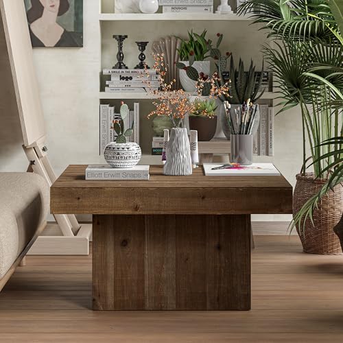 COZAYH Modern Farmhouse Wood Block Coffee Table, Rustic Square Table Chunk Table with Cubic Base for Family, Living Room, Lounge, Nature Wood Finish, Sturdy, Distressed, Rectangle - Thumbnail 7