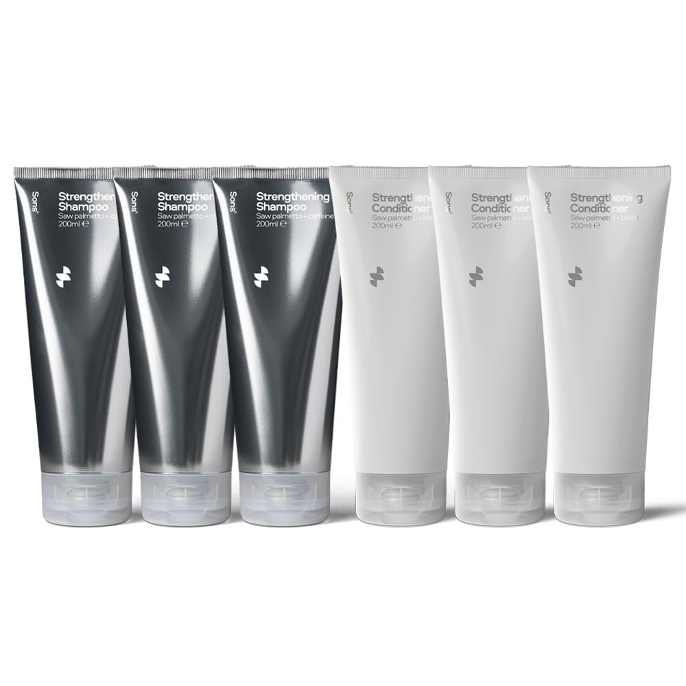 Sons Shampoo & Spülung für Männer (6x200ml). DHT blockierende Formel zur Förderung des Haarwachstums, Haarverdichtend & Anti-Schuppen mit Koffein & Sägepalme, bei Haarausfall & Ausdünnung, Zitrusduft