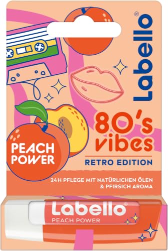 Labello Peach Power 80s Vibes Retro Edition duftender Lippenpflegestift mit natürlichen Ölen und Pfirsicharoma pflegender Lippenbalsam mit zartem Glanz (4 8 g)