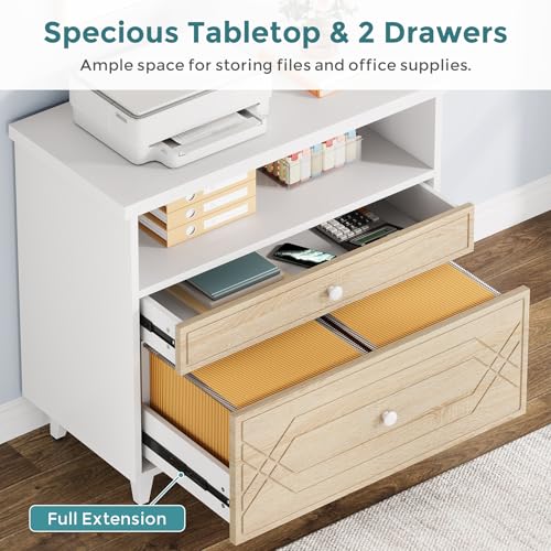 Condemo File Cabinet with Shelf, 2 Drawer Lateral Filing Cabinet for A4/Letter/Legal Size, Modern Industrial Office Storage Cabinet Printer Stand for Home Office, White and Light Brown