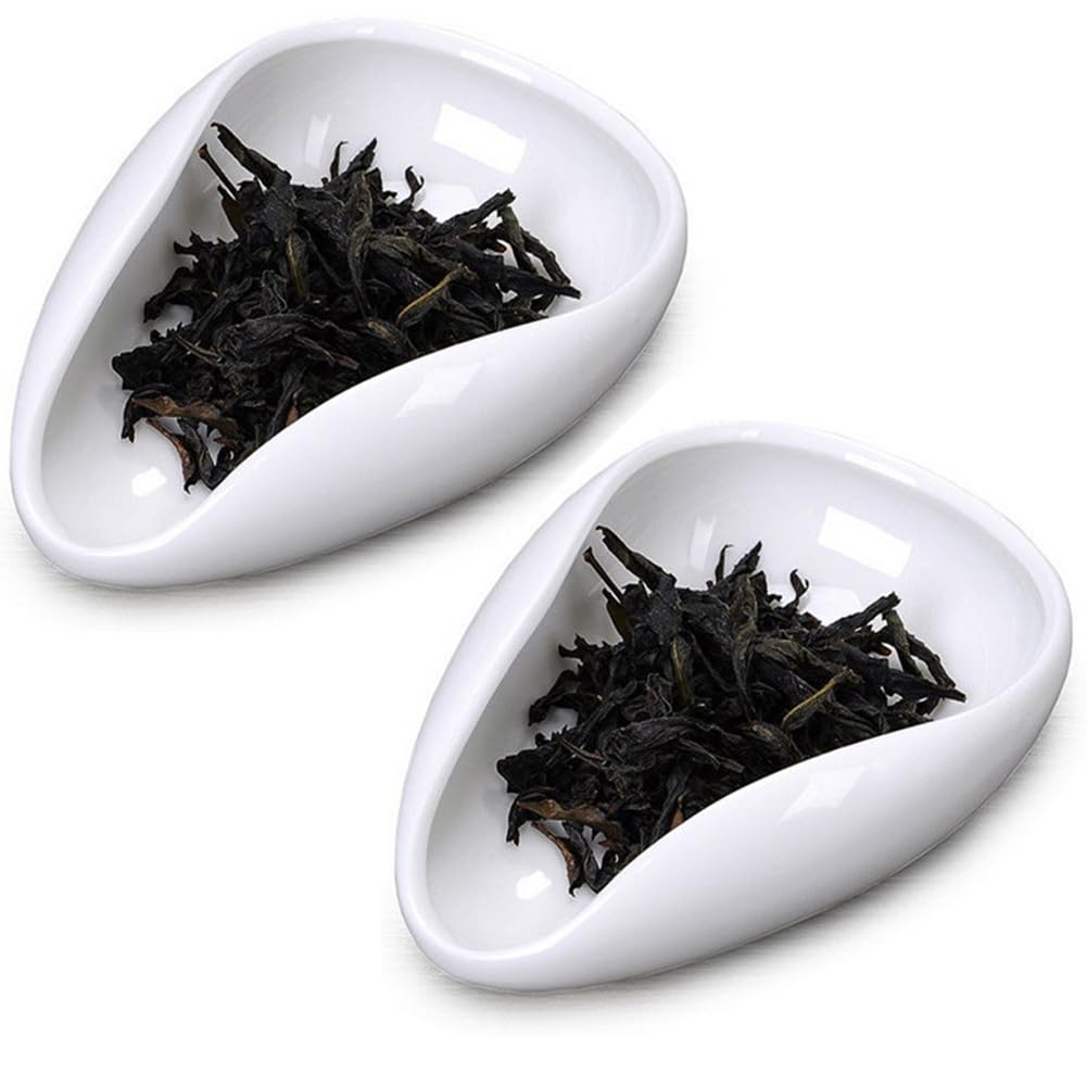 luzen 2Pcs Porcelain Cha He Tea Vessel Tea Spoon Tea Scoop Loose Tea Leaf Tray Tea Chinese Tea Ceremony Accessories for Tea Room Home Office Use, White