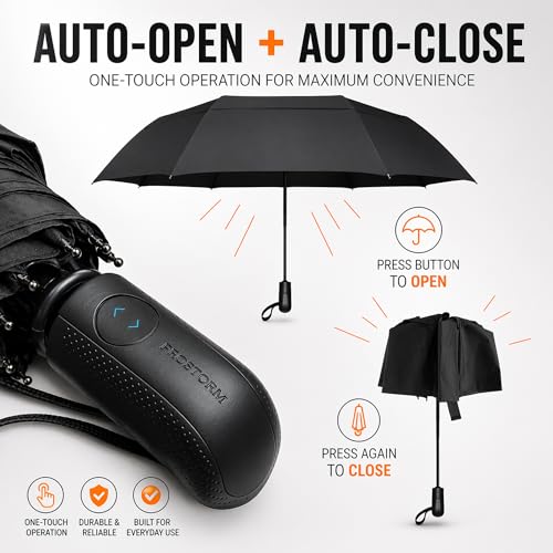 Image of PROSTORM Windproof Vented Travel Umbrella - Automatic Open & Close - Strong, Wind Resistant, Pro Storm, Small, Compact, Mini, Folding & Portable - Backpack, Car, Purse, Umbrellas for Rain, Men & Women