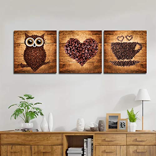 A Cup Of Tea Creative Coffee Bean Painting Canvas Print Owl Heart Cup Picture Wall Art For Home Kitchen Cafe Bar Restaruant Wall Decor Modern Artwork 3Pcs 12"X12" Framed #TOP2
