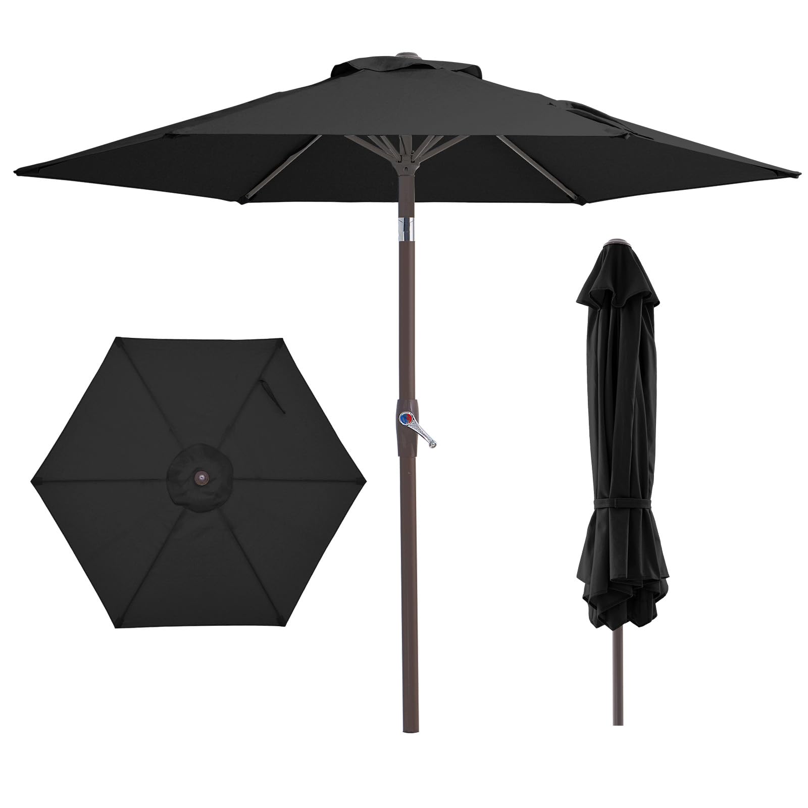 Photo 1 of JEAREY 7.5FT Patio Umbrella Market Table Umbrella with 6 Sturdy Ribs, Push Button Tilt/Crank Outdoor Umbrella for Garden, Deck, Backyard,Dark Black