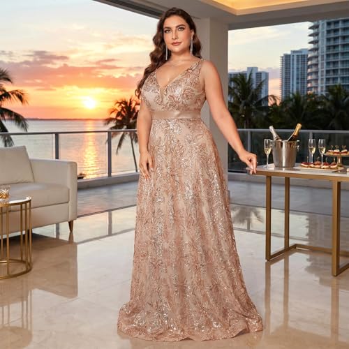 Image of Plus Size Formal Dresses for Women with Embroidery Sequin and V-Neck, A-Line Maxi Dress for Wedding and Cocktail