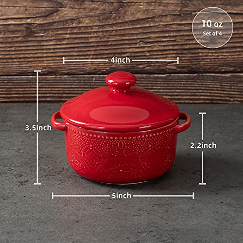 Fe Casserole Dish With Lid, 10 Oz Mini Cocotte, Ceramic Lace Embossed Small Casseroles For Individual Serving, Set Of 4(Christmas Red) #TOP1