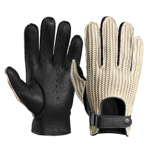 OZERO Leather Driving Gloves, Goatskin Palm, Unlined Knit Back, Black, L