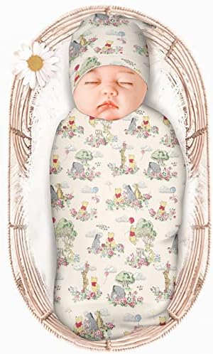 Baby Swaddle Blanket Nursery Wrap Newborn Receiving Blanket with Beanie Set，Soft Stretchy Baby Swaddling Blankets Infant Swaddle Sack for Baby Boy & Girl Gifts