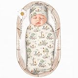 Baby Swaddle Blanket Nursery Wrap Newborn Receiving Blanket with Beanie Set，Soft Stretchy Baby Swad