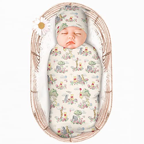 Image of MPRUIU Baby Swaddle Blanket Nursery Wrap Newborn Receiving Blanket with Beanie Set，Soft Stretchy Baby Swaddling Blankets Infant Swaddle Sack for Baby Boy & Girl Gifts, Polyester