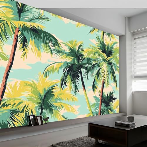 Paisaje Isleño Cielo Palmeras Fotomurales no Tejido Verde, 400 x 280 cm Papel Pintado Decoración de Pared moderna, Murales póster efecto 3D, Decorativos Murales para Dormitorio Salón TV Pared