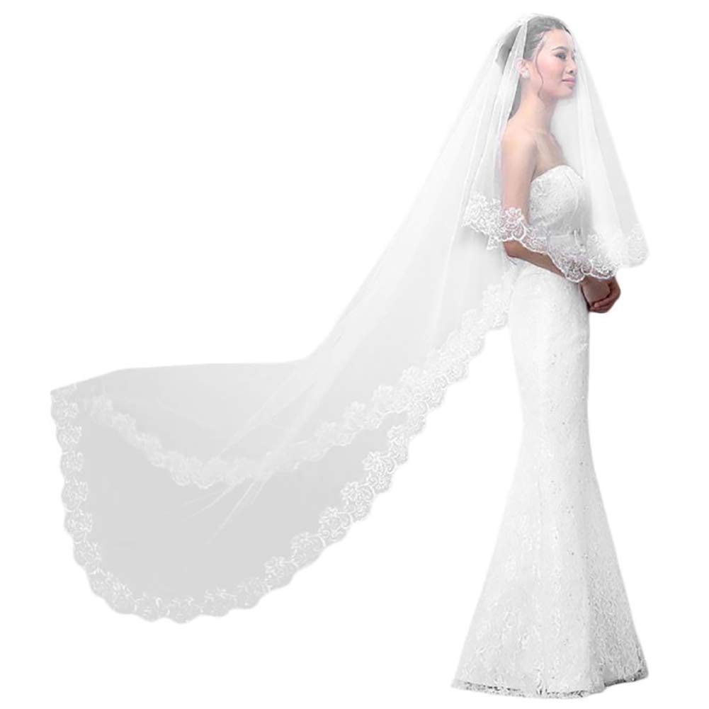 IBLUELOVER Brautschleier 5M Lange Hochzeit Schleier Weicher Tüll Brautkleidzubehör Handgefertigte Blumen Spitze Elegant Brautschleier Festlicher Schleier Damen Schleier Weiß Hochzeitszubehör