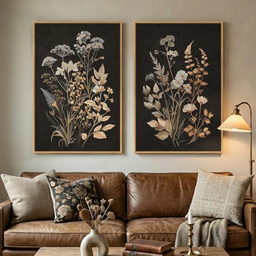 Large Framed Vintage Botanical Wall Art, 2 Piece Neutral Farmhouse