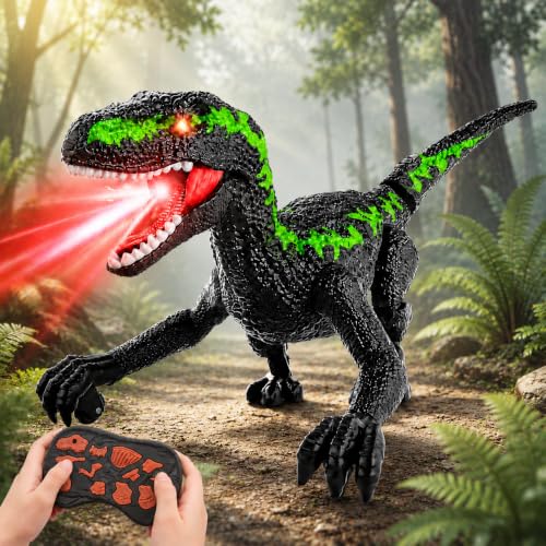 WOANZZ Dinosaure Télécommandé pour Enfant 3 4 5 6 7 8 Ans, Robot Dinosaure Rechargeable 2.4GHz Qui Marche avec Yeux 3D & 3 Sons, Jouet Interactif Cadeau Anniversaire Garçon Fille Extérieur Vert