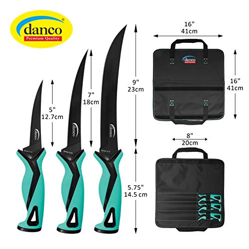 Danco Pro Series Roll Up Bag Kit | 5" & 7" Fillet Knives And 9" Stout Knife | Full Tang German G4116 Stainless-Steel Blades With Teflon Coating, Nylon Roll Up Sheath, Perfect For Saltwater Fishing & Hunting (Seafoam) #TOP2