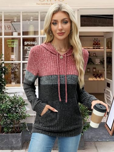 MixShe Women’s Color Block Knit Hoodie – Casual Long Sleeve Pullover Sweater Tops with Pocket