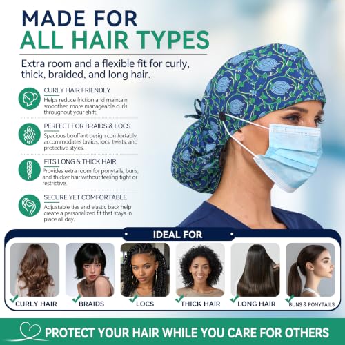 Image of Satin Lined Scrub Cap for Women, Bouffant Nurse Cap with Sweatband and Buttons, Adjustable Surgical Hat for Curly Hair, Braids, Long Hair and Buns, Blk+Tooth blk