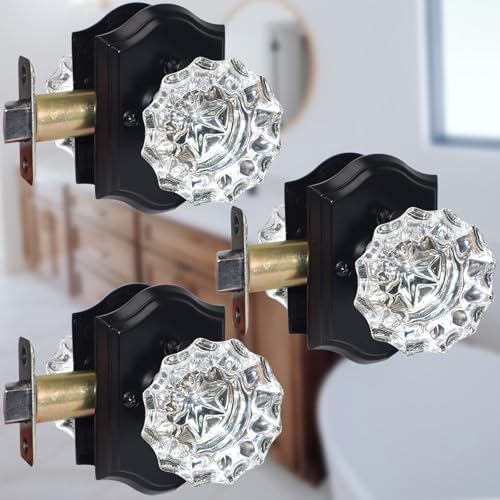 3 Pack Glass Door Knobs, Black Crystal Door Knobs, Glass Vintage Door Knob Interior for Bathroom Bedroom, Crystal Antique Door Knob Set