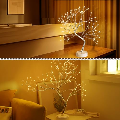 Hbaushun 20\" Tabletop Bonsai Tree Light, 108 LED Fairy Light Spirit Tree, Battery/USB Operated, Touch Sensor Switches, DIY Artificial Tree Lamp for Bedroom Desktop Christmas Room Decor (Warm White)
