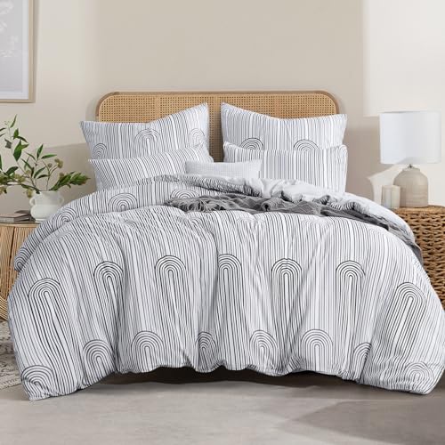 RUIKASI Bettwäsche 200x220 3 teilig Weiß - Bettbezug 200 x 220 Set mit Streifen Muster, Bettwäsche-Sets 200x220cm aus Mikrofaser mit Reißverschluss Weich und Bügelfrei
