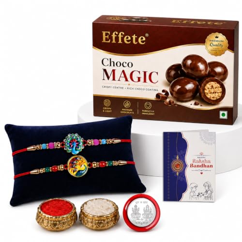 Image of Oblivion Rakhi with Chocolate for Brother - Multicolor Peacock Design Rakhi 2 Pcs with Chocolate (32g) with Silver Color Pooja Coin, Greeting Card & Tilak Set - Raksha Bandhan Combo (K2 1894+1910 CM32)