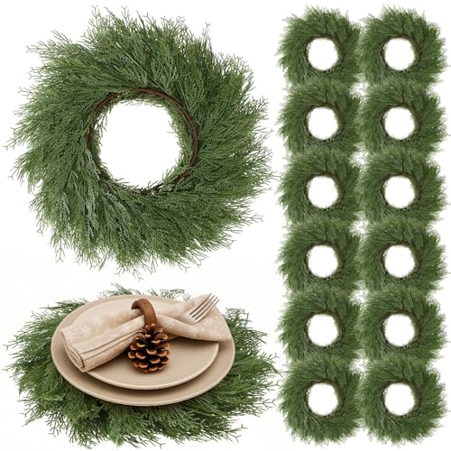 Christmas Placemats Set of 12 Round Greenery Place Mats Xmas Circular Artificial Wreath Dining Table Decor Winter Fake Plants Branches Mats for Kitchen Accessories (Pine Needles)