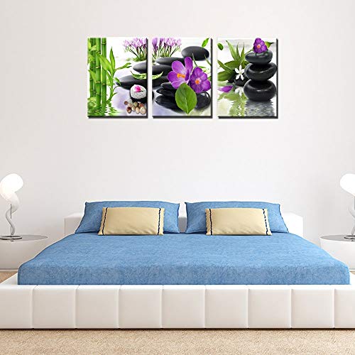 Canvas Wall Art 3 Panel Modern Spa Bamboo Zen Stone Purple Flowers ...