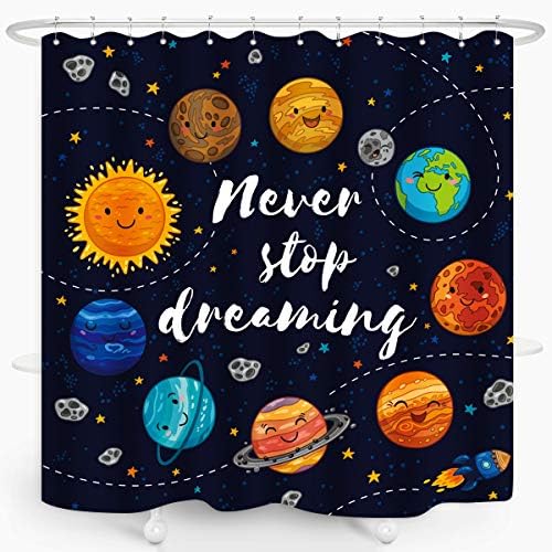 ZXMBF Cartoon Planet Kids Shower Curtain Cute Universe Galaxy Space Solar System Star Cluster Moon Comets Sun Cosmos Waterproof Fabric Bathroom Decor 72x72 Inch Plastic Hooks 12PCS Navy