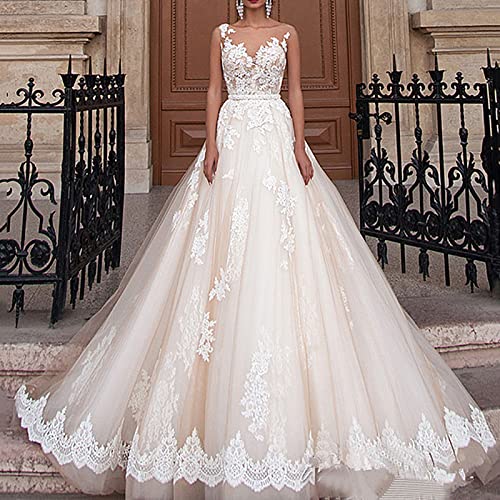 Ryanbem Robe Mariage pour Femme Longue Blanche Manches sans Elégante A Line Tulle Dentelle Appliques Sexy Col V Grande Taille Robe Mariée avec Traine White Plus 54 Cover