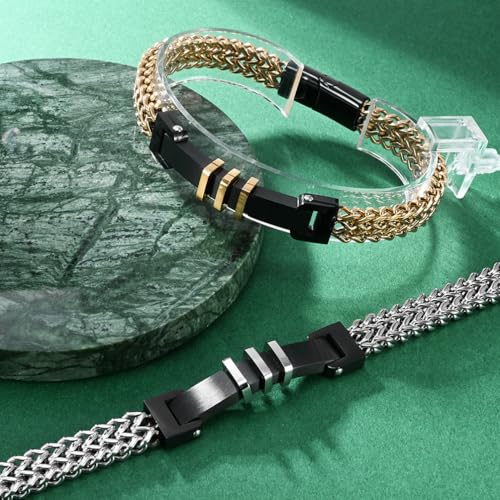 Men'S Titanium Steel Bracelet Double Row Braided Bracelet, Black And Gold And Silver Combination2