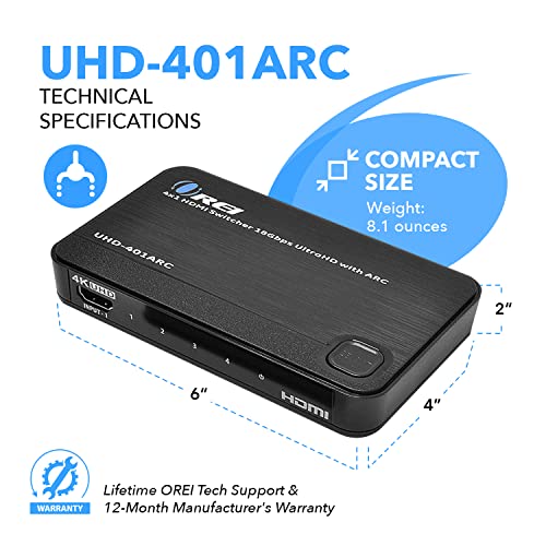 Orei 4 In 1 Out 4K Hdmi Switch, 4K@60Hz 4:4:4 Arc Auto Switch Edid Hdmi 2.0, 18Gbps, Hdcp 2.2, Dolby Passthrough Cec, Hdr10, Dolby Vision #TOP7