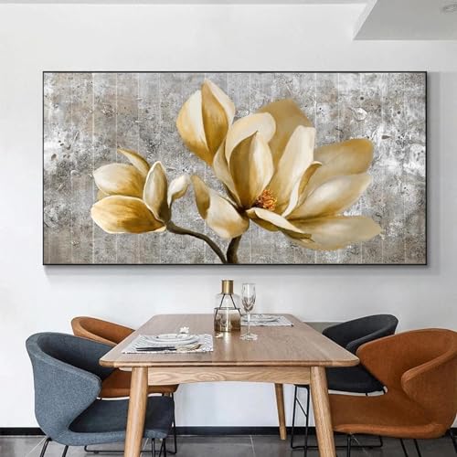 Art mural de fleurs dorées : peinture abstraite et affiche nature morte 40x87cm
