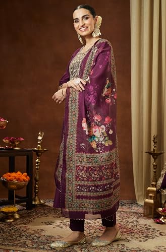 Image of Janasya Women's Chanderi Silk Yoke Embroidered Straight Kurta Set