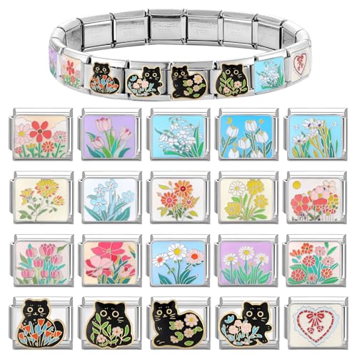 papasgix Custom Italian Charm Bracelet Charms Silver Set 10 Personalized Stainless Steel Charm Brascelets 9mm Assorted Italian Charms Bracelet Links Handmade DIY Jewelry Flowers Words Moon Pink3