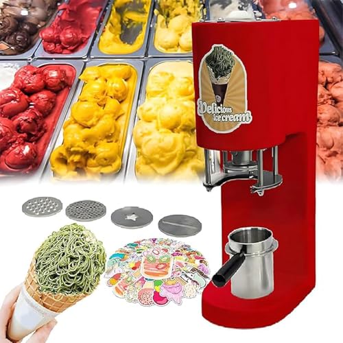 30L/H Ice Cream Spaghetti Press Machine, Noodles Ice Cream Machine, Italian Ge-lato Ice Cream Spaghetti Making Machine, Spaghetti Ice Cream Maker, 4 Shape Molds Red