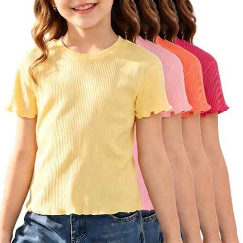 Rcuhsxi 4 Pack Toddler Girls Ribbed Short Sleeve T-Shirts Lettuce Hem Crewneck Slim Fit Basic Tees Cotton Blend Soft Stretchy Everyday Undershirt for Baby 3T-4T