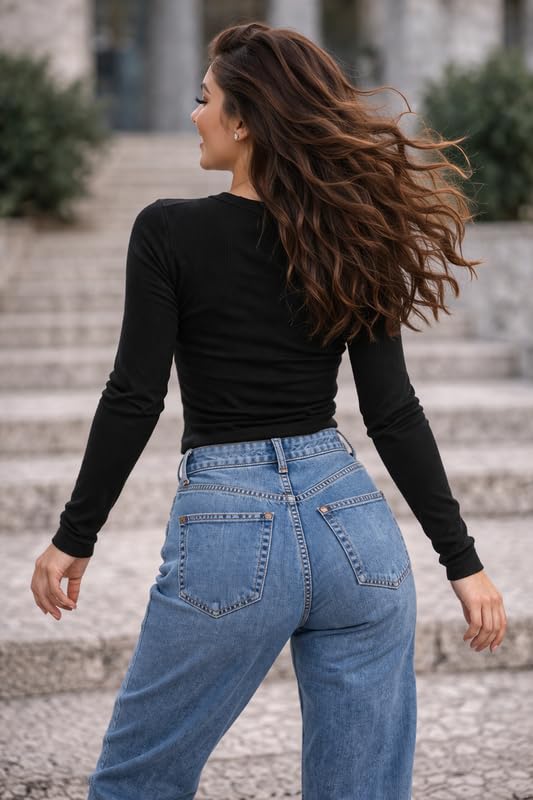 Image of London Hills Full Sleeve Ribbed Tops for Women Western | Tops for Woman | Tshirt for Woman | T Shirt | Women Tops | Women Tees | Top | Western Tops | White | Black | Multi-Colored