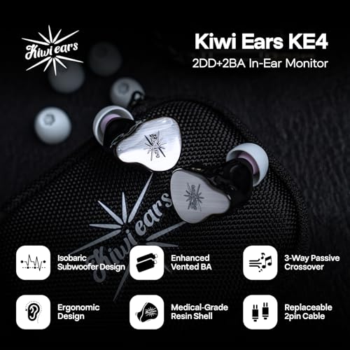 Image of Linsoul Kiwi Ears KE4 in Ear Monitor, 2DD+2BA Hybrid Earphone, Gaming Earbuds, HiFi Wired IEM, with Detachable IEM Cable for Musician Audiophile (Silver)