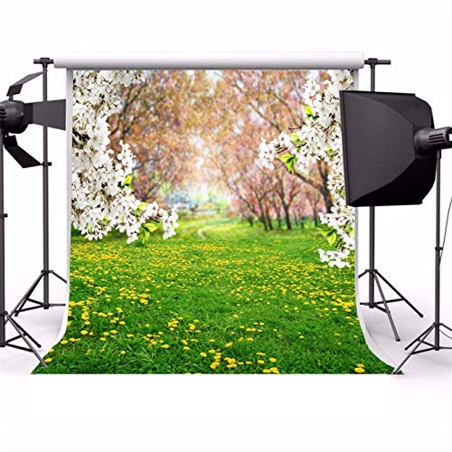 Aofoto 5X5Ft Spring Scenic Backdrop Sweet White Cherry Flowers Photography Background Meadow Floral Blossoms Garden Florets Grassland Park Flower Trees Kid Baby Portrait Photo Shoot Studio Props Vinly #TOP2