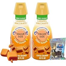 Zero Sugar Caramel Macchiato Liquid Coffee Creamer.- Two 2 32 fl oz Bottles of Sugar Free Creamy Smooth Delightful Coffee Creamer with Candy Freezer 1 oz Freeze Dried Ice Cream Bites Zero Sugar Caramel Macchiato Candy